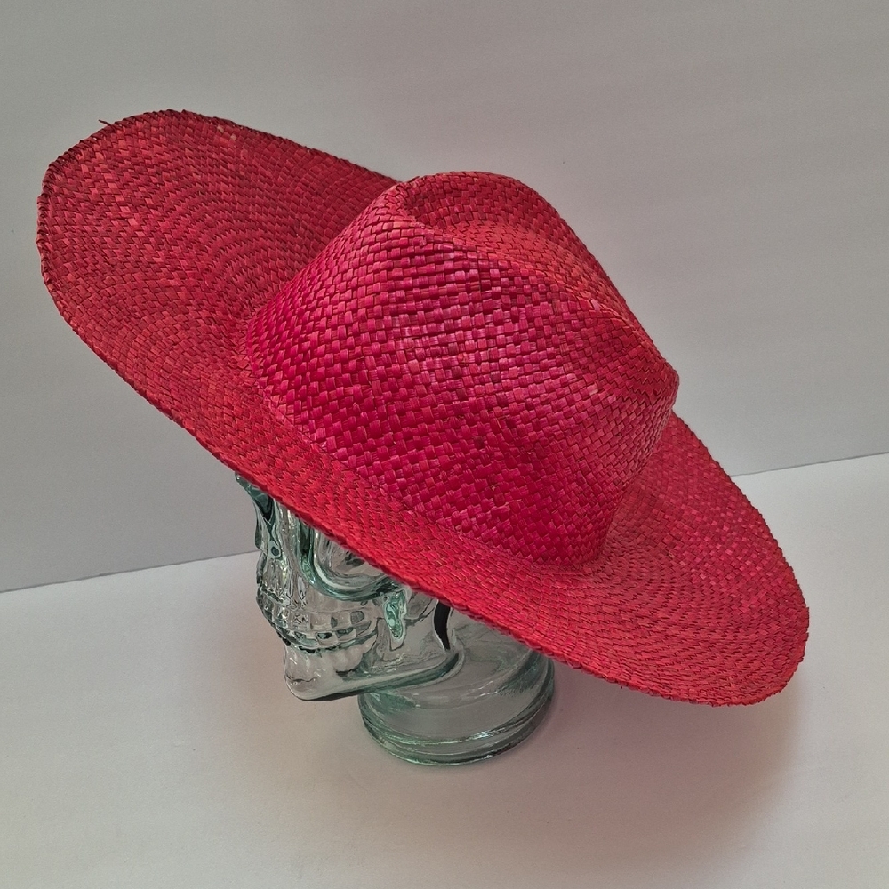 Vintage Red Pink Tone Wide Brim Straw Hat M
